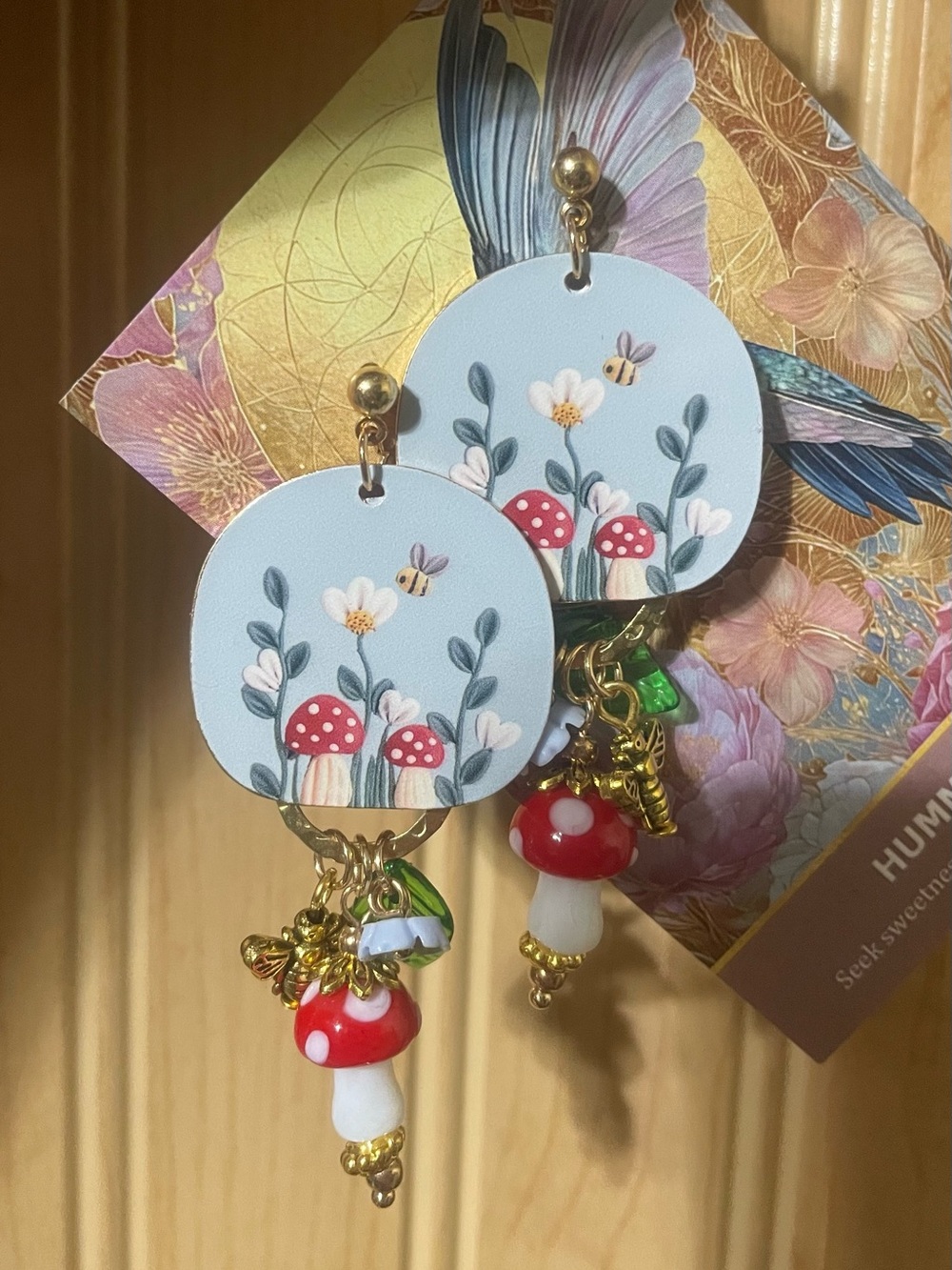 Whimsical Mushroom & Bee Drop Earrings - Red, White, Gold - Picture 6 of 6